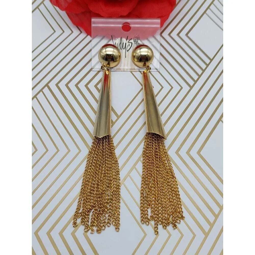 Brand New Tassel Chain Earrings Gold Tone Judy's Super Long Dangle Statement 5